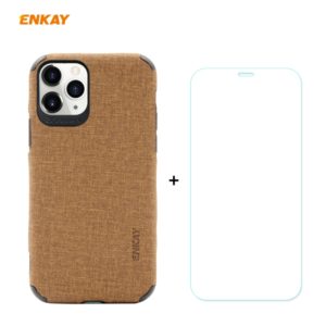For iPhone 11 Pro ENKAY ENK-PC0322 2 in 1 Business Series Denim Texture PU Leather + TPU Soft Slim CaseCover ＆ 0.26mm 9H 2.5D Tempered Glass Film(Brown) (ENKAY) (OEM)
