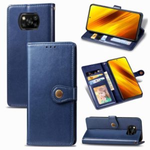For Xiaomi Poco X3 NFC Retro Solid Color Leather Buckle Phone Case with Lanyard & Photo Frame & Card Slot & Wallet & Stand Function(Blue) (OEM)