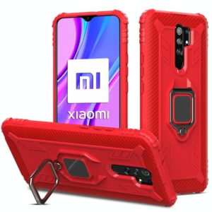 For Xiaomi Redmi 9 Prime Carbon Fiber Protective Case with 360 Degree Rotating Ring Holder(Red) (OEM)
