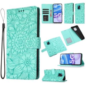 For Xiaomi Redmi 10X 5G Skin Feel Embossed Sunflower Horizontal Flip Leather Case with Holder & Card Slots & Wallet & Lanyard(Green) (OEM)
