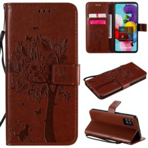 For Samsung Galaxy A51 5G Tree & Cat Embossed Pattern Horizontal Flip Leather Case with Holder & Card Slots & Wallet & Lanyard(Coffee) (OEM)