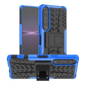 For Sony Xperia 1 IV Tire Texture TPU + PC Phone Case with Holder(Blue) (OEM)