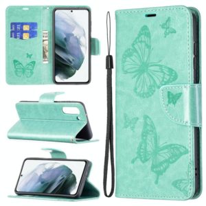 For Samsung Galaxy S21 FE Embossing Two Butterflies Pattern Horizontal Flip PU Leather Case with Holder & Card Slot & Wallet & Lanyard(Green) (OEM)