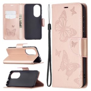 For Huawei P50 Two Butterflies Embossing Pattern Horizontal Flip Leather Case with Holder & Card Slot & Wallet & Lanyard(Rose Gold) (OEM)