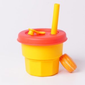Children Silicone Straw Cups Drop And High Temperature Resistant Water Cups Yellow Cup + Red Cover(300ml) (OEM)