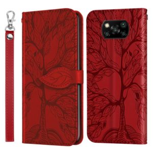 For Xiaomi Poco X3 Life of Tree Embossing Pattern Horizontal Flip Leather Case with Holder & Card Slot & Wallet & Photo Frame & Lanyard(Red) (OEM)