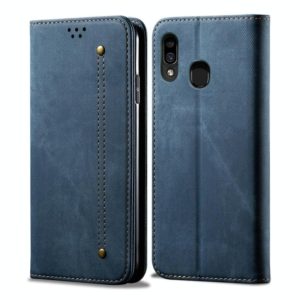 For Galaxy A20 / A30 Denim Texture Casual Style Horizontal Flip Leather Case with Holder & Card Slots & Wallet(Blue) (OEM)