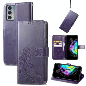 For Motorola Edge 20 Four-leaf Clasp Embossed Buckle Mobile Phone Protection Leather Case with Lanyard & Card Slot & Wallet & Bracket Function(Purple) (OEM)