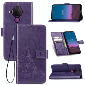 For Nokia 5.4 Four-leaf Clasp Embossed Buckle Mobile Phone Protection Leather Case with Lanyard & Card Slot & Wallet & Bracket Function(Purple) (OEM)