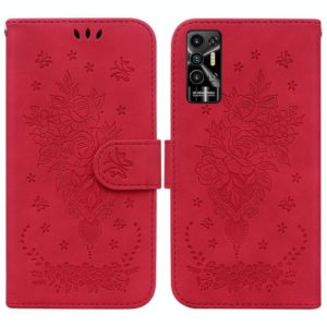 For Tecno Pova 2 Butterfly Rose Embossed Leather Phone Case(Red) (OEM)
