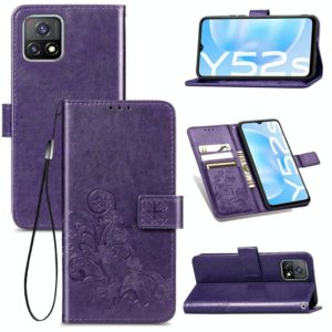 For vivo Y52s Four-leaf Clasp Embossed Buckle Mobile Phone Protection Leather Case with Lanyard & Card Slot & Wallet & Bracket Function(Purple) (OEM)