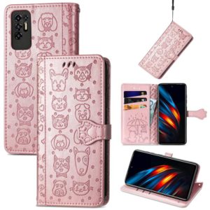 For Tecno Pova 2 Lovely Cat and Dog Embossing Pattern Horizontal Flip Leather Phone Case with Holder & Card Slots & Wallet & Cartoon Clasp & Lanyard(Rose Gold) (OEM)