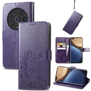 For Honor Magic3 Pro Four-leaf Clasp Embossed Buckle Leather Phone Case(Purple) (OEM)