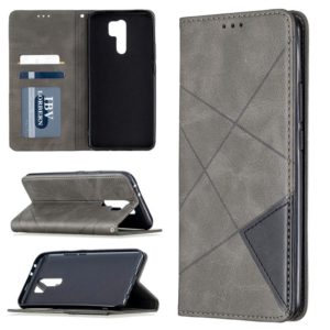 For Xiaomi Redmi 9 Rhombus Texture Horizontal Flip Magnetic Leather Case with Holder & Card Slots & Wallet(Grey) (OEM)