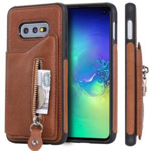 For Galaxy S10e Solid Color Double Buckle Zipper Shockproof Protective Case(Brown) (OEM)