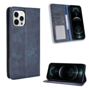 For iPhone 12 / 12 Pro Magnetic Buckle Retro Pattern Horizontal Flip Leather Case with Holder & Card Slot & Wallet(Blue) (OEM)