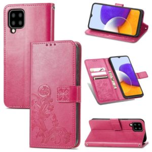 For Samsung Galaxy A22 4G Four-leaf Clasp Embossed Buckle Mobile Phone Protection Leather Case with Lanyard & Card Slot & Wallet & Bracket Function(Rose Red) (OEM)