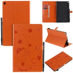 For Amazon Kindle Fire HD 10 (2015) / (2017) Cat Bee Embossing Pattern Shockproof Table PC Protective Horizontal Flip Leather Case with Card Slots & Wallet & Pen Slot & Sleep / Wake-up Function(Orange) (OEM)
