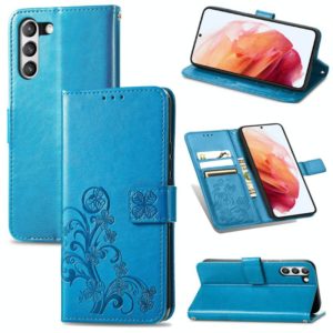For Samsung Galaxy S21 FE Four-leaf Clasp Embossed Buckle Mobile Phone Protection Leather Case with Lanyard & Card Slot & Wallet & Bracket Function(Blue) (OEM)