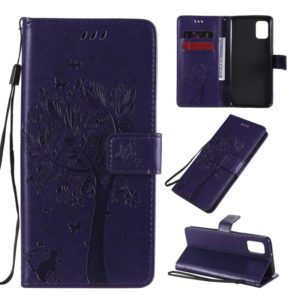 For Samsung Galaxy A31 Tree & Cat Embossed Pattern Horizontal Flip Leather Case with Holder & Card Slots & Wallet & Lanyard(Purple) (OEM)