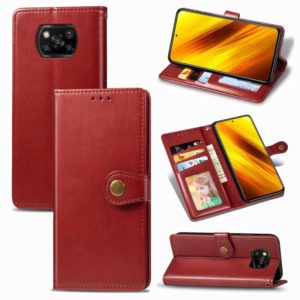 For Xiaomi Poco X3 NFC Retro Solid Color Leather Buckle Phone Case with Lanyard & Photo Frame & Card Slot & Wallet & Stand Function(Red) (OEM)