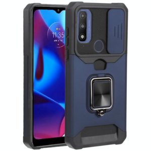 For Motorola Moto G Pure Sliding Camera Cover Design PC + TPU Shockproof Phone Case with Ring Holder & Card Slot(Blue) (OEM)