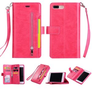 For iPhone 8 Plus & 7 Plus Multifunctional Zipper Horizontal Flip Leather Case with Holder & Wallet & 9 Card Slots & Lanyard(Rose Red) (OEM)