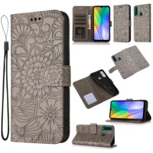 For Huawei Y6p Skin Feel Embossed Sunflower Horizontal Flip Leather Case with Holder & Card Slots & Wallet & Lanyard(Grey) (OEM)