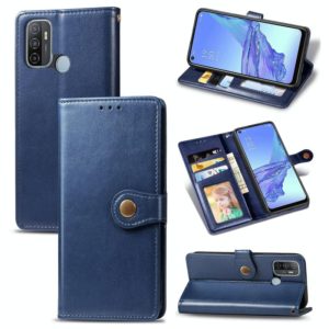 For Oppo A53 2020 Retro Solid Color Leather Buckle Phone Case with Lanyard & Photo Frame & Card Slot & Wallet & Stand Function(Blue) (OEM)