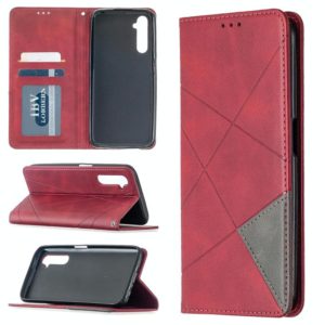 For OPPO Realme 6 Rhombus Texture Horizontal Flip Magnetic Leather Case with Holder & Card Slots(Red) (OEM)