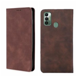For Tecno Spark 7 Skin Feel Magnetic Horizontal Flip Leather Phone Case(Dark Brown) (OEM)