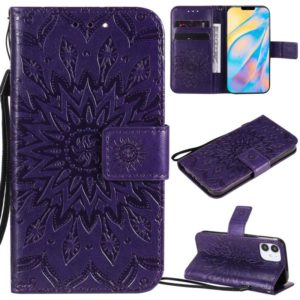 For iPhone 12 mini Pressed Printing Sunflower Pattern Horizontal Flip PU Leather Case Holder & Card Slots & Wallet & Lanyard(Purple) (OEM)