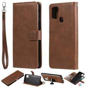 For Samsung Galaxy A21s 2 in 1 Solid Color Detachable PU Leather Case with Card Slots & Magnetic Holder & Photo Frame & Wallet & Strap(Brown) (OEM)
