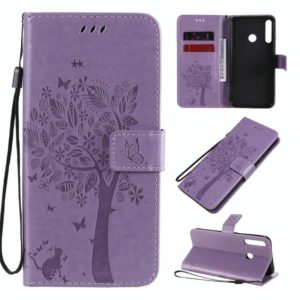 For Huawei P40 Lite E Tree & Cat Embossed Pattern Horizontal Flip Leather Case with Holder & Card Slots & Wallet & Lanyard(Light Purple) (OEM)
