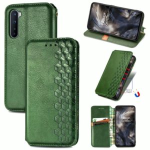For One Plus Nord Cubic Grid Pressed Horizontal Flip Magnetic PU Leather Case with Holder & Card Slots & Wallet(Green) (OEM)