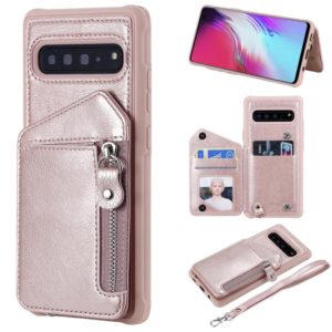 For Galaxy S10 5G Dual Buckles Zipper Shockproof Back Cover Protective Case with Holder & Card Slots & Wallet & Lanyard & Photos Frames(Rose gold) (OEM)
