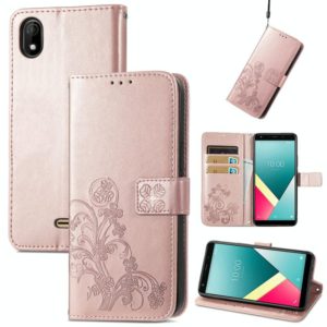 For Wiko Y61 Four-leaf Clasp Embossed Buckle Mobile Phone Protection Leather Case with Lanyard & Card Slot & Wallet & Bracket Function(Rose Gold) (OEM)