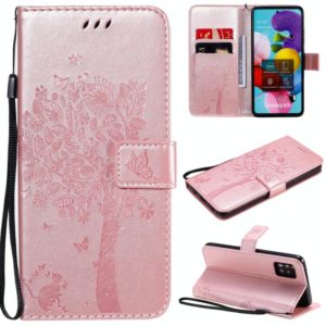 For Samsung Galaxy A51 5G Tree & Cat Embossed Pattern Horizontal Flip Leather Case with Holder & Card Slots & Wallet & Lanyard(Rose Gold) (OEM)
