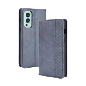 For OnePlus Nord 2 5G Magnetic Buckle Retro Crazy Horse Texture Horizontal Flip Leather Case with Holder & Card Slots & Photo Frame(Blue) (OEM)