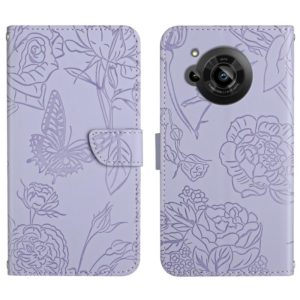 For Sharp Aquos R7 Skin Feel Butterfly Peony Embossed Leather Phone Case(Purple) (OEM)