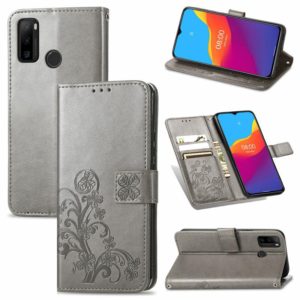 For Ulefone Note 10 Four-leaf Clasp Embossed Buckle Mobile Phone Protection Leather Case with Lanyard & Card Slot & Wallet & Bracket Function(Gray) (OEM)