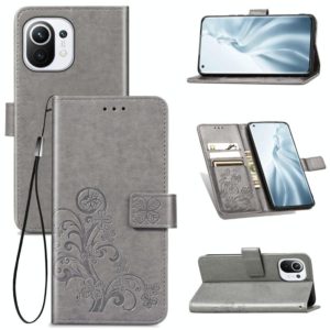 For Xiaomi Mi 11 Four-leaf Clasp Embossed Buckle Mobile Phone Protection Leather Case with Lanyard & Card Slot & Wallet & Bracket Function(Gray) (OEM)