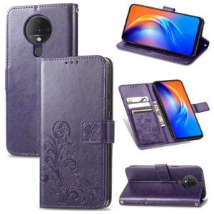 For Tecno Spark 6 Four-leaf Clasp Embossed Buckle Mobile Phone Protection Leather Case with Lanyard & Card Slot & Wallet & Bracket Function(Purple) (OEM)
