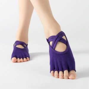 Terry Five-Finger Socks Cotton Thickened Warm and Non-Slip Yoga Socks Cross Strap Dance Socks, Size: One Size(Open Toe (Deep Purple)) (OEM)