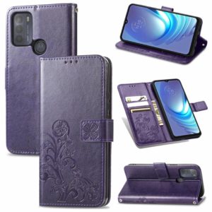For Motorola Moto G50 Four-leaf Clasp Embossed Buckle Mobile Phone Protection Leather Case with Lanyard & Card Slot & Wallet & Bracket Function(Purple) (OEM)