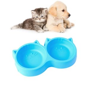 Dog and Cat Face Printed Double Bowl Plastic Food Bowl Pet Products(Blue) (OEM)