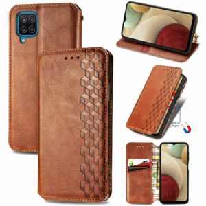 For Samsung Galaxy A12 Cubic Grid Pressed Horizontal Flip Magnetic PU Leather Case with Holder & Card Slots & Wallet(Brown) (OEM)