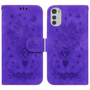 For Motorola Moto E32 Butterfly Rose Embossed Leather Phone Case(Purple) (OEM)
