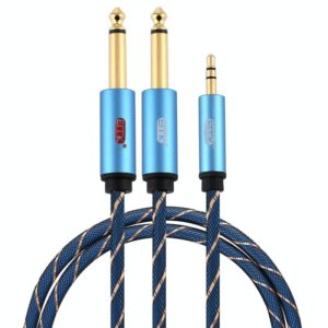 EMK 3.5mm Jack Male to 2 x 6.35mm Jack Male Gold Plated Connector Nylon Braid AUX Cable for Computer / X-BOX / PS3 / CD / DVD, Cable Length:1m(Dark Blue) (OEM)