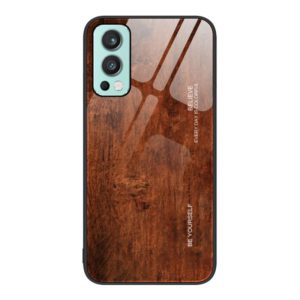 For OnePlus Nord 2 5G Wood Grain Glass Protective Case(Dark Brown) (OEM)